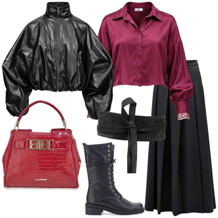 Outfit donna - Autunno. per Serata fuori. Abbinamento con cinture, gonne lunghe, bomber, camicie, anfibi, borse a mano.