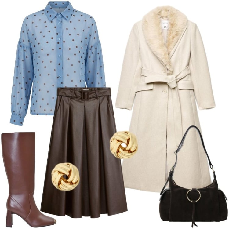 Outfit donna - Eleganza tipica dello scorpione. Stile Bon Ton per Serata fuori. Abbinamento con borse a spalla, orecchini, stivali sopra il ginocchio, camicie, cappotti, gonne longuette.