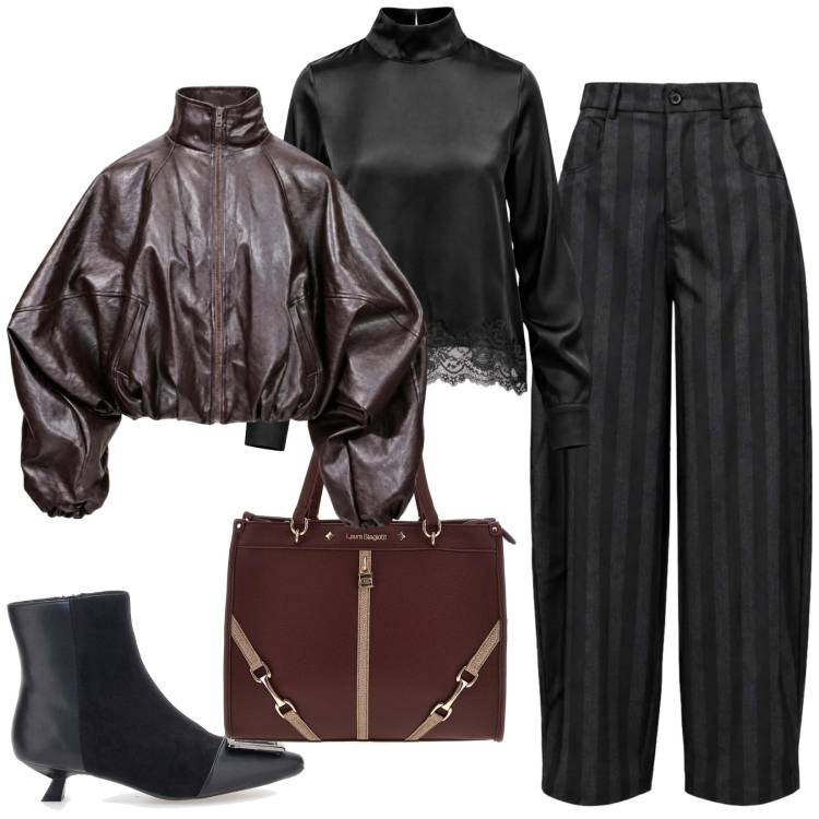 Outfit donna - Autunno. per Serata fuori. Abbinamento con pantaloni, bluse, bomber, stivaletti, borse a spalla.