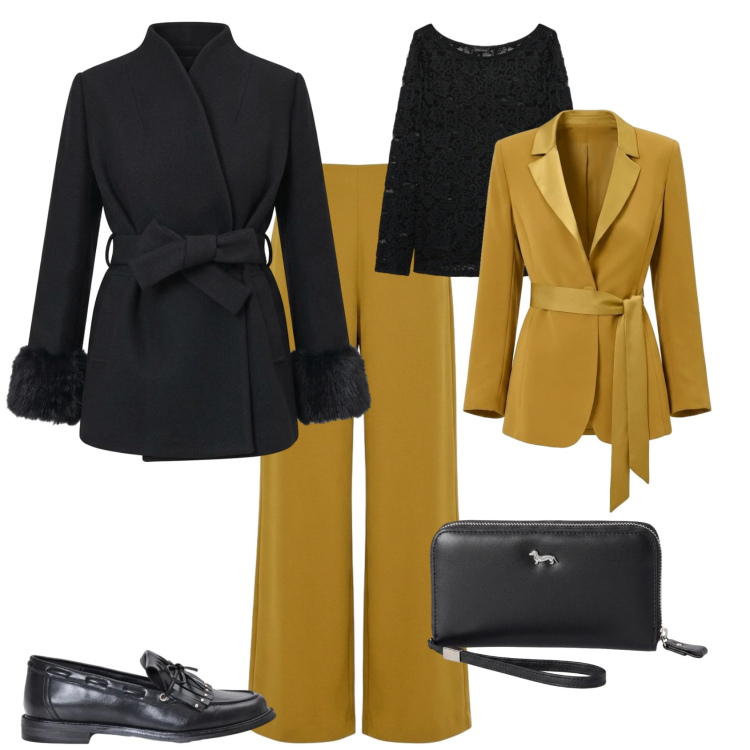 Outfit donna - Chic ufficio serata evento speciale. Stile Chic per Serata fuori. Abbinamento con portafogli, t-shirt, cappotti, mocassini, pantaloni a palazzo, blazer.