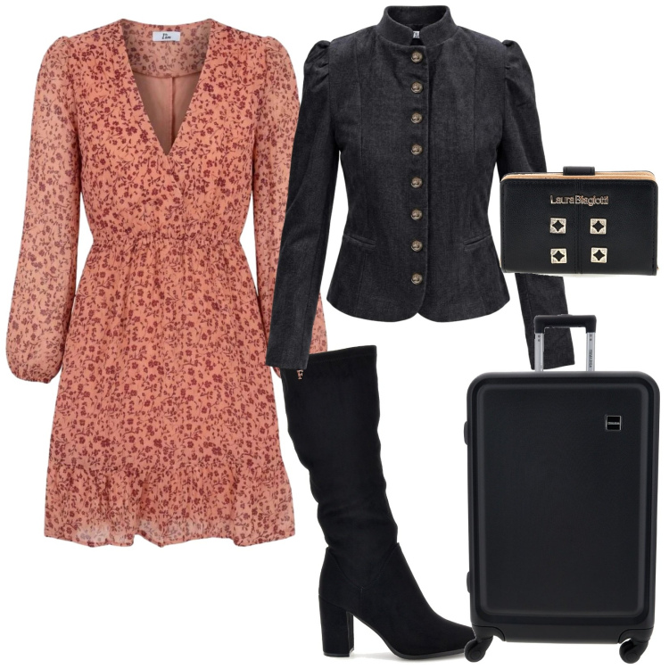 Outfit donna - Si parte in autunno. per Tutti i giorni. Abbinamento con vestiti corti, blazer, portafogli, valigie, stivali.
