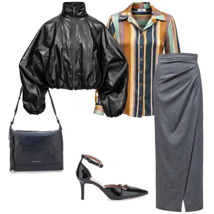 Outfit donna - Autunno. per Serata fuori. Abbinamento con bomber, gonne lunghe, camicie, décolleté, borse a tracolla.