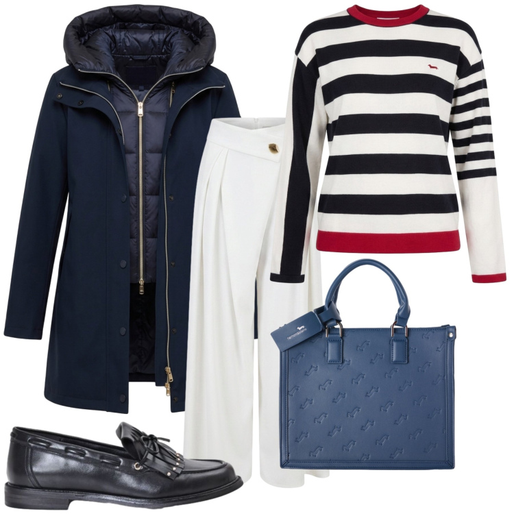 Outfit donna - Total look #2499802. Stile Casual chic per Tutti i giorni. Abbinamento con cappotti, maglieria, borse a mano, pantaloni a palazzo, mocassini.