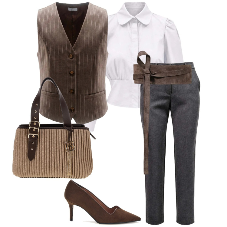 Outfit donna - Auguri buon compleanno. per Scuola/Università. Abbinamento con pantaloni, cinture, camicie, gilet, borse a mano, décolleté.