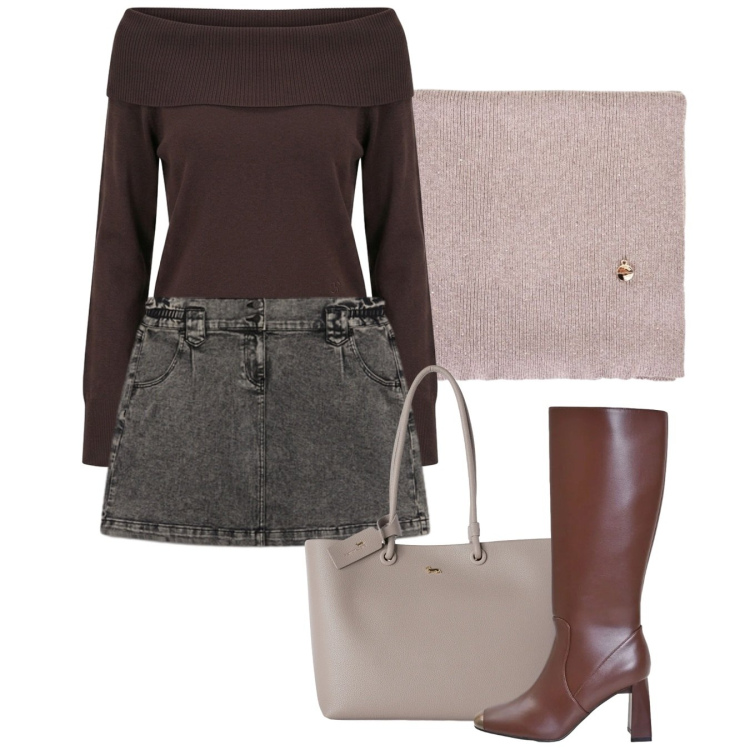 Outfit donna - Ottobre. Stile Bon Ton per Tutti i giorni. Abbinamento con shopping bag, minigonne, stivali sopra il ginocchio, sciarpe, maglieria.