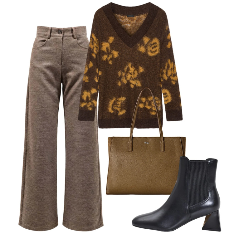 Outfit donna - Ottobre. Stile Casual per Tutti i giorni. Abbinamento con pantaloni, shopping bag, maglieria, stivaletti.