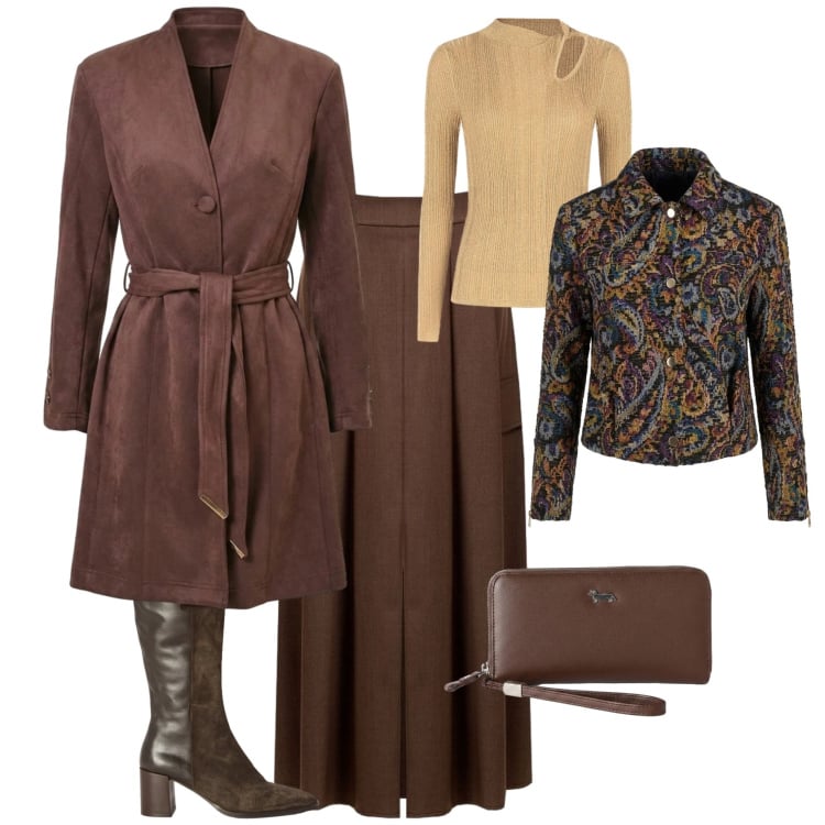 Outfit donna - Chic ufficio tempo libero. Stile Chic per Ufficio. Abbinamento con stivali, portafogli, cappotti, gonne lunghe, trench, t-shirt.