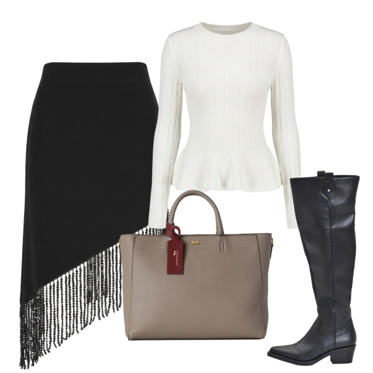 Outfit donna - Ottobre. Stile Chic per Serata fuori. Abbinamento con borse a mano, gonne longuette, stivali, maglieria.