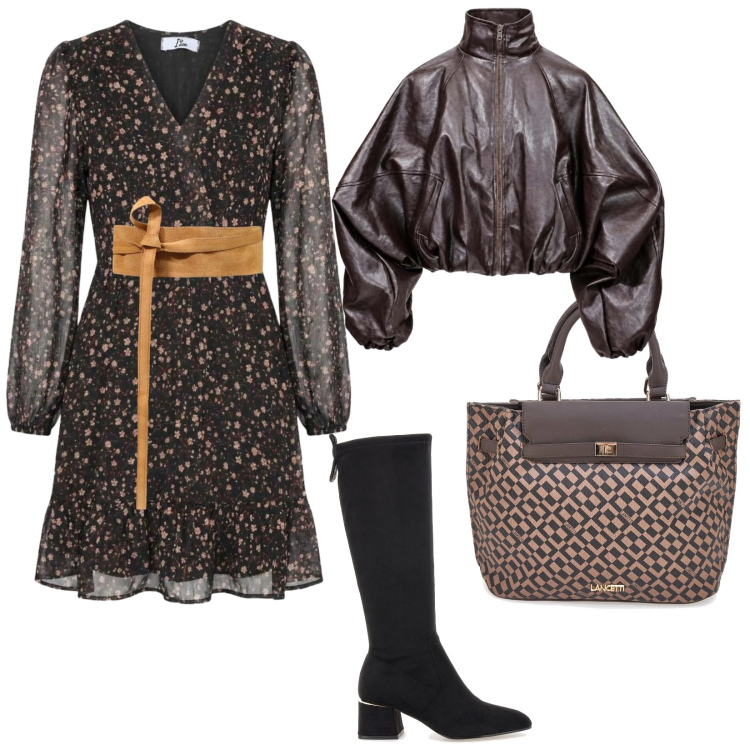 Outfit donna - Autunno. per Tutti i giorni. Abbinamento con cinture, vestiti corti, bomber, borse a mano, stivali.