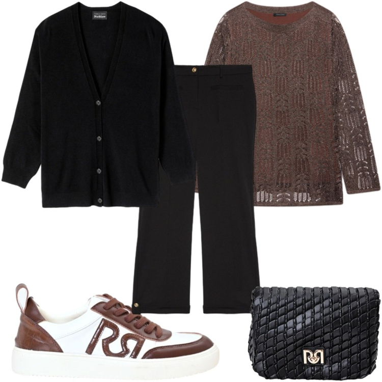 Outfit donna - Total look #2499809. Stile Casual per Tutti i giorni. Abbinamento con maglieria, cardigans, pantaloni, borse a tracolla, sneakers.