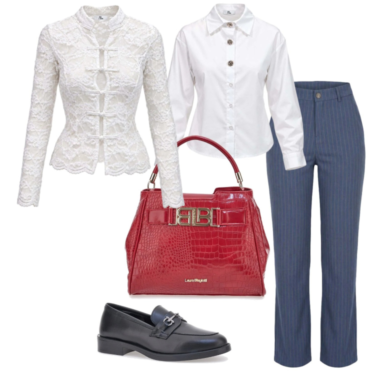 Outfit donna - Autunno. per Tutti i giorni. Abbinamento con top, camicie, jeans dritti, mocassini, borse a mano.