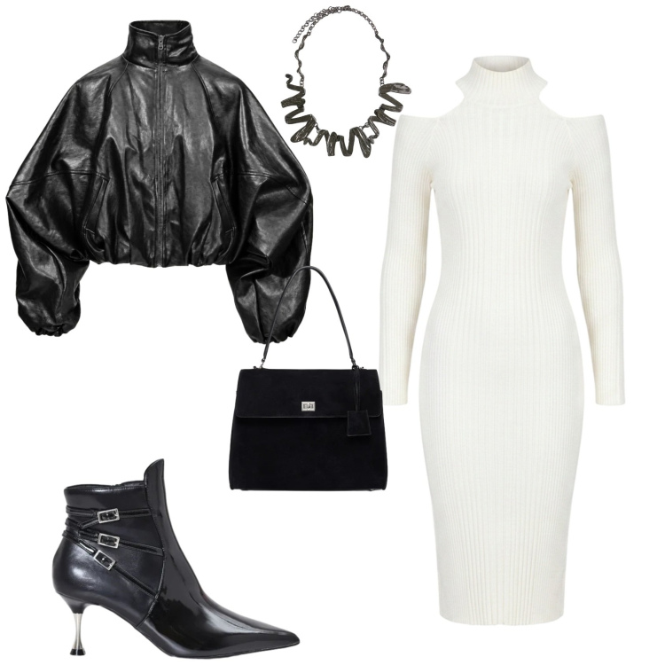Outfit donna - Rock chic serata evento speciale. Stile Chic per Serata fuori. Abbinamento con bomber, borse a mano, ciondoli, stivaletti, vestiti midi/longuette.