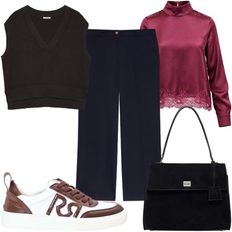 Outfit donna - Total look #2499814. Stile Casual chic per Tutti i giorni. Abbinamento con bluse, maglieria, borse a mano, pantaloni a palazzo, sneakers.