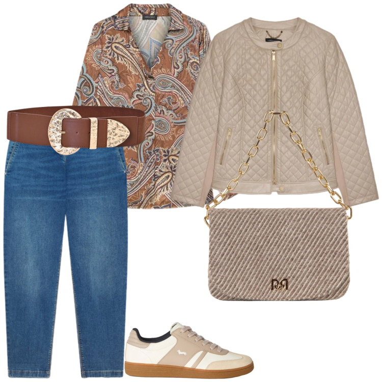 Outfit donna - Colori un po' neutri. per Tutti i giorni. Abbinamento con sneakers, bluse, giacche, jeans, cinture, borse a spalla.