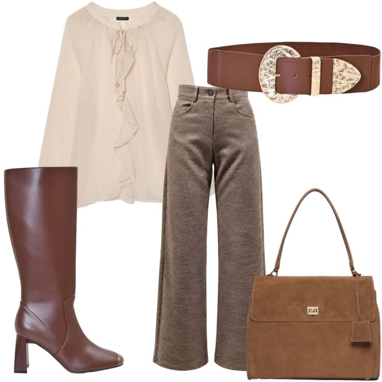 Outfit donna - Total look #2499817. Stile Trendy per Tutti i giorni. Abbinamento con pantaloni, bluse, borse a mano, cinture, stivali sopra il ginocchio.