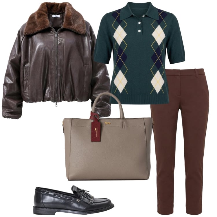 Outfit donna - Tempo libero. per Tutti i giorni. Abbinamento con bomber, borse a mano, maglieria, pantaloni, mocassini.