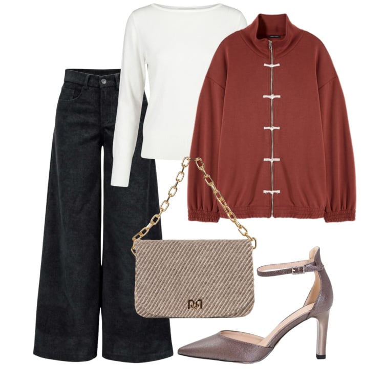Outfit donna - China. Stile Chic per Serata fuori. Abbinamento con pantaloni a palazzo, felpe, décolleté, maglieria, borse a spalla.