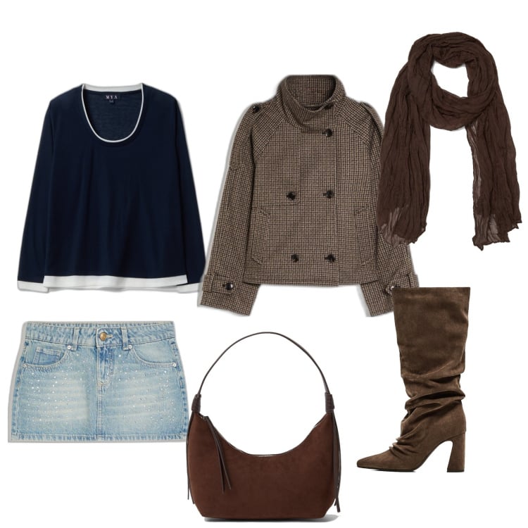 Outfit mujer - Casual #10692. Estilo Casual para Todos los días. Combinación con bandoleras, faldas, camiseta, botas, blazers, bufandas.