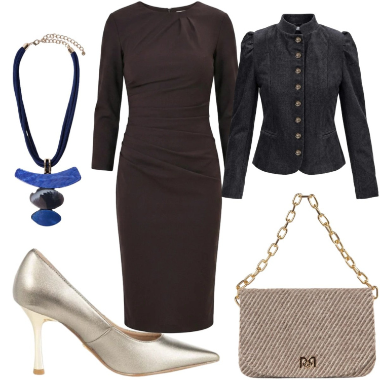 Outfit donna - Total look #2499827. Stile Glamour per Serata fuori. Abbinamento con blazer, ciondoli, vestiti midi/longuette, décolleté, borse a spalla.