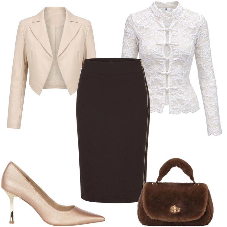 Outfit donna - Total look #2499829. Stile Chic per Ufficio. Abbinamento con top, blazer, borse a mano, gonne longuette, décolleté.
