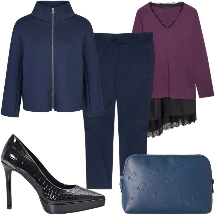 Outfit donna - Total look #2499831. Stile Casual chic per Tutti i giorni. Abbinamento con pochette, maglieria, pantaloni, décolleté, cappe.