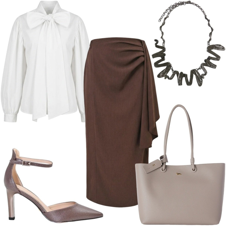 Outfit donna - Total look #2499832. Stile Chic per Cerimonia. Abbinamento con shopping bag, ciondoli, décolleté, camicie, gonne longuette.
