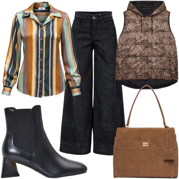 Outfit donna - Total look #2499833. Stile Trendy per Tutti i giorni. Abbinamento con camicie, pantaloni a palazzo, piumini, borse a mano, stivaletti.