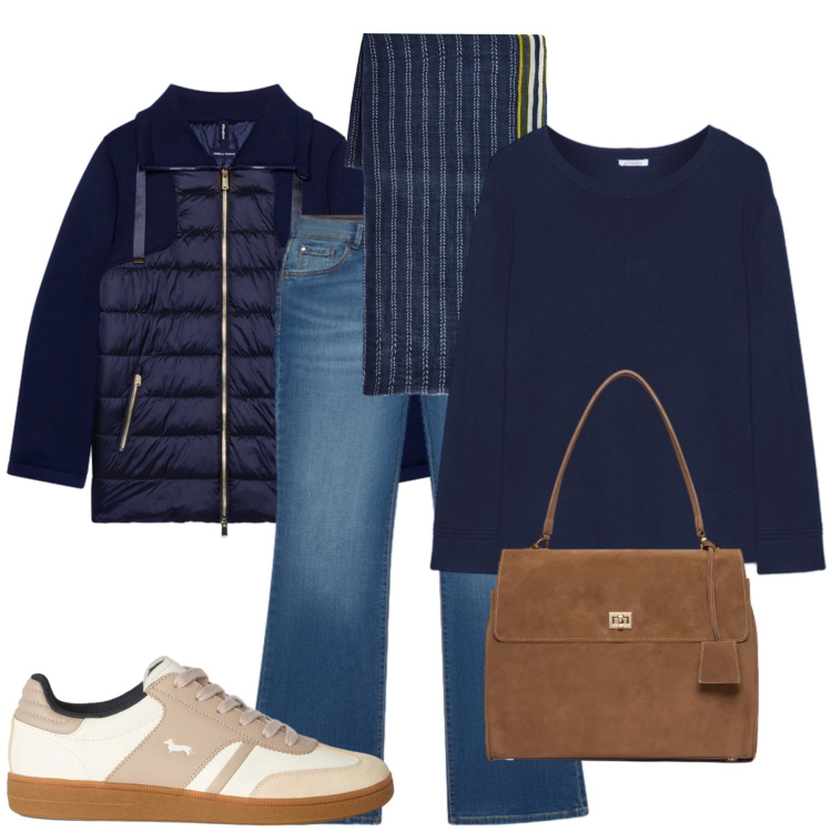 Outfit donna - Outfit Ideas. Stile Casual chic per Tutti i giorni. Abbinamento con sneakers, sciarpe, maglieria, piumini, borse a mano, jeans bootcut.
