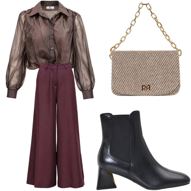 Outfit donna - Total look #2499837. Stile 70s per Tutti i giorni. Abbinamento con camicie, pantaloni a palazzo, stivaletti, borse a spalla.