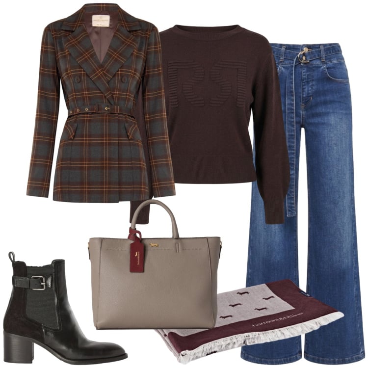 Outfit donna - Outfit Ideas. Stile Casual chic per Tutti i giorni. Abbinamento con borse a mano, sciarpe, stivaletti, blazer, jeans, maglieria.
