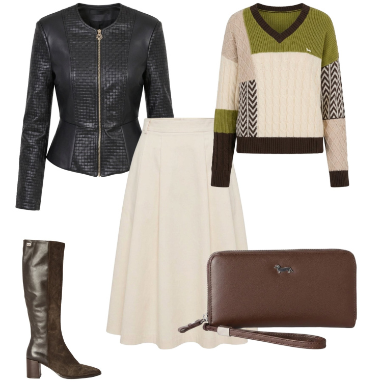 Outfit donna - Outfit Ideas. Stile Casual chic per Tutti i giorni. Abbinamento con maglieria, portafogli, stivali, gonne longuette, giacche.