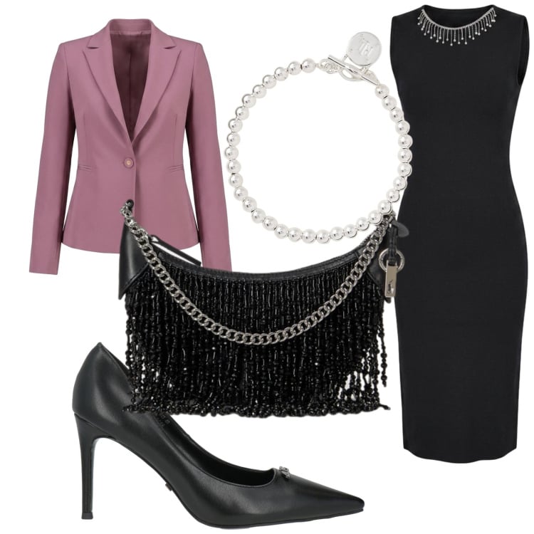 Outfit donna - L'eleganza audace dello Scorpione. Stile Glamour per Serata fuori. Abbinamento con braccialetti, borse a spalla, vestiti lunghi, blazer, décolleté.