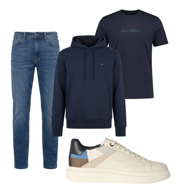 Outfit uomo - Total look #2499848. Stile Casual per Tutti i giorni. Abbinamento con sneakers, t-shirt, felpe con cappuccio, jeans.