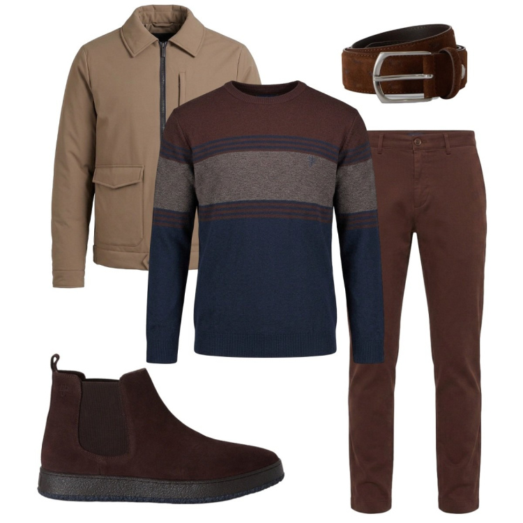 Outfit uomo - I colori dell'autunno. Stile Trendy per Tutti i giorni. Abbinamento con cinture, pantaloni, giacche, maglieria, stivali e stivaletti.
