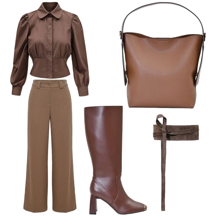 Outfit donna - Cammello e brown. Stile Chic Abbinamento con cinture, camicie, borse a mano, stivali sopra il ginocchio, pantaloni.