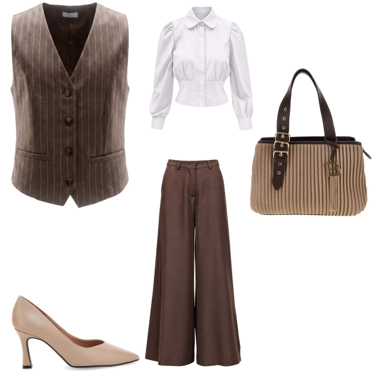 Outfit donna - Autunno forever. Stile Casual per Tutti i giorni. Abbinamento con camicie, gilet, pantaloni a palazzo, décolleté, borse a mano.