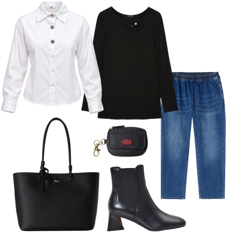 Outfit donna - Ufficio. Stile Casual chic per Ufficio. Abbinamento con camicie, shopping bag, portamonete, jeans dritti, t-shirt, stivaletti.