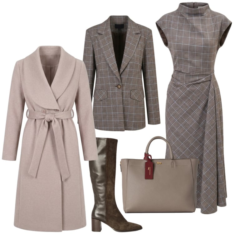 Outfit donna - Minimal chic ufficio tempo libero. Stile Minimal per Ufficio. Abbinamento con borse a mano, stivali, vestiti asimmetrici, blazer, cappotti.