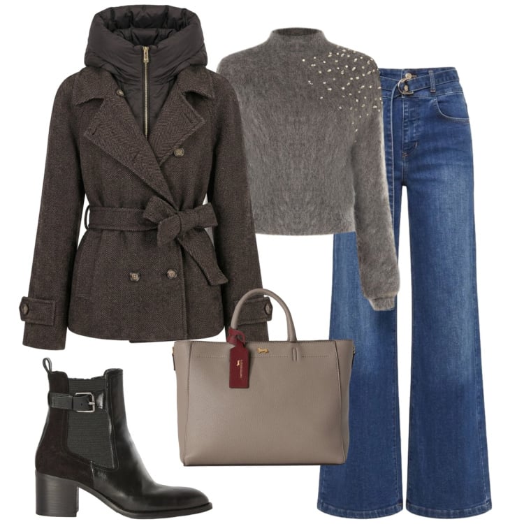 Outfit donna - Ottobre. Stile Casual chic per Tutti i giorni. Abbinamento con borse a mano, stivaletti, blazer, jeans, maglieria.