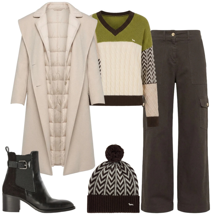 Outfit donna - Harmont & Blaine. Stile Casual chic per Tutti i giorni. Abbinamento con cappotti, maglieria, pantaloni cargo, berretti, stivaletti.