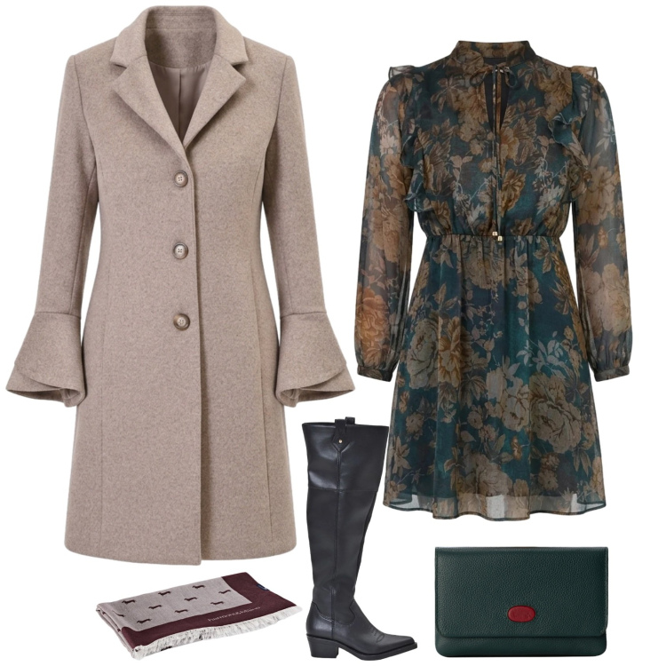 Outfit donna - Romantica chic ufficio tempo libero. Stile Romantica per Ufficio. Abbinamento con sciarpe, portafogli, cappotti, stivali, vestiti corti.