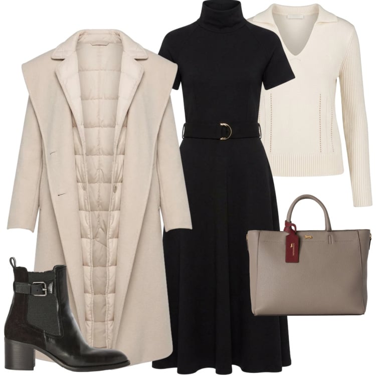 Outfit donna - Harmont &Blaine. Stile Casual chic per Ufficio. Abbinamento con cappotti, vestiti midi/longuette, borse a mano, stivaletti, maglieria.