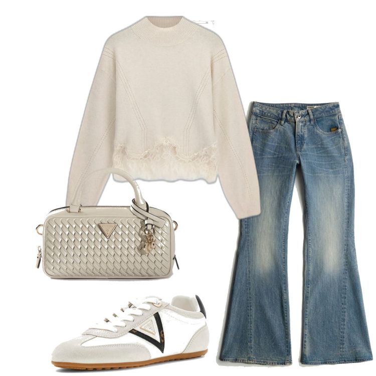 Outfit mujer - Urban look. Estilo Urban para Todos los días. Combinación con sneakers, prendas de punto, vaqueros bootcut, bolsos de mano.