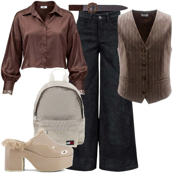 Outfit donna - Racconta il tuo autunno con I AM. Stile Casual chic per Tutti i giorni. Abbinamento con pantaloni a palazzo, camicie, cinture, gilet, sabot, zaini.