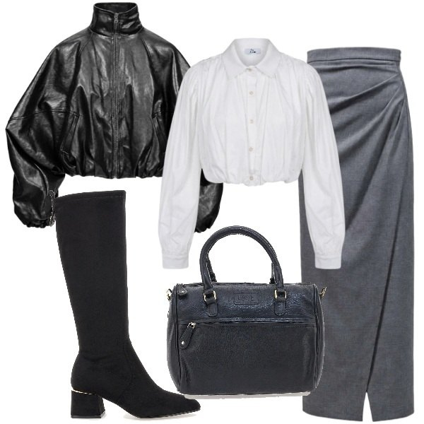 Outfit donna - Racconta il tuo autunno con I AM. Stile Chic per Ufficio. Abbinamento con bomber, gonne lunghe, camicie, stivali, borse a tracolla.