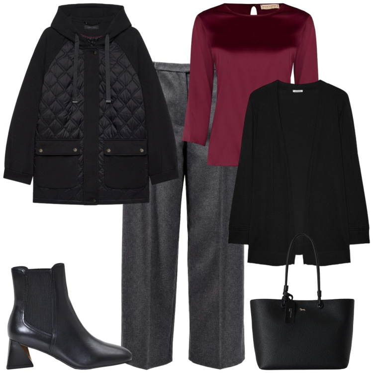 Outfit donna - Casual chic ufficio tempo libero. Stile Casual chic per Ufficio. Abbinamento con pantaloni, shopping bag, piumini, cardigans, stivaletti, bluse.