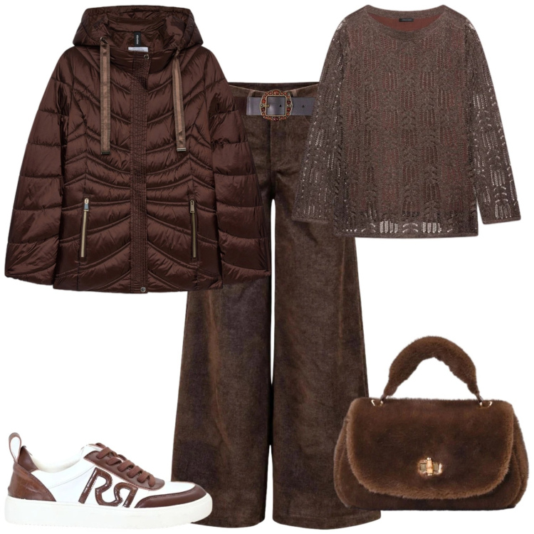 Outfit donna - Casual chic ufficio tempo libero. Stile Casual chic per Ufficio. Abbinamento con pantaloni a palazzo, cinture, maglieria, piumini, borse a mano, sneakers.