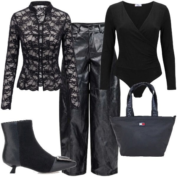 Outfit donna - Pizzi e pelle. Stile Rock per Serata fuori. Abbinamento con body, pantaloni a palazzo, top, stivaletti, borse tote.