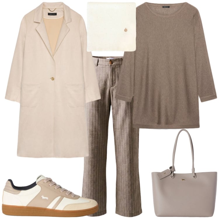 Outfit donna - Casual chic ufficio tempo libero. Stile Casual chic per Ufficio. Abbinamento con pantaloni, sneakers, shopping bag, maglieria, cappotti, sciarpe.