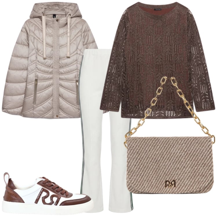 Outfit donna - Autunno. Stile Casual chic per Tutti i giorni. Abbinamento con pantaloni, maglieria, piumini, sneakers, borse a spalla.